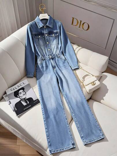 GlowEve 女式前扣复古蓝色长袖牛仔连体裤