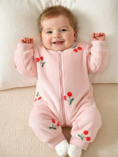 SHEIN 新生女宝宝粉色樱桃印花可爱公主连体衣