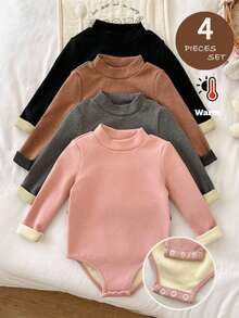LMoss Kids LMoss  4pcs Young Girl Solid Color Knit Stand Collar Casual Jumpsuit Set,Pull,Winter Clothes - Multicolor - View 1