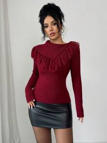 Firerie Women's Elegant Burgundy Autumn Long Sleeve Fitted Knit Sweater,Asymmetrical Collar Fringe Stand Collar Office Wear Casual Everyday Night Out Top - Burgundy - View 5