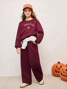 青少年女孩南瓜字母印花长袖运动衫和裤子休闲装，秋冬 - 酒紅色 - 查看 5