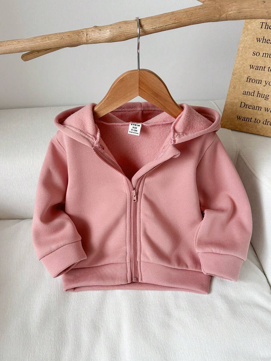 SHEIN Vintaside Kids Baby Girl Casual Solid Color Thermal Lined Hooded Zip-Up Jacket, Suitable For Autumn/Winter - Dusty Pink - View 1