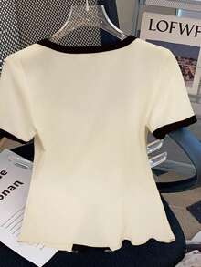 SHEIN Clasi Camiseta de manga corta ajustada para mujer de talla grande con botones metálicos y lazo con lentejuelas, cuello redondo, adecuada para vacaciones de verano