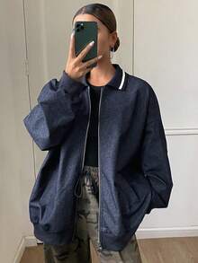 DAZY 女式翻领撞色宽松休闲街头夹克 - 藏蓝色 - 查看 5