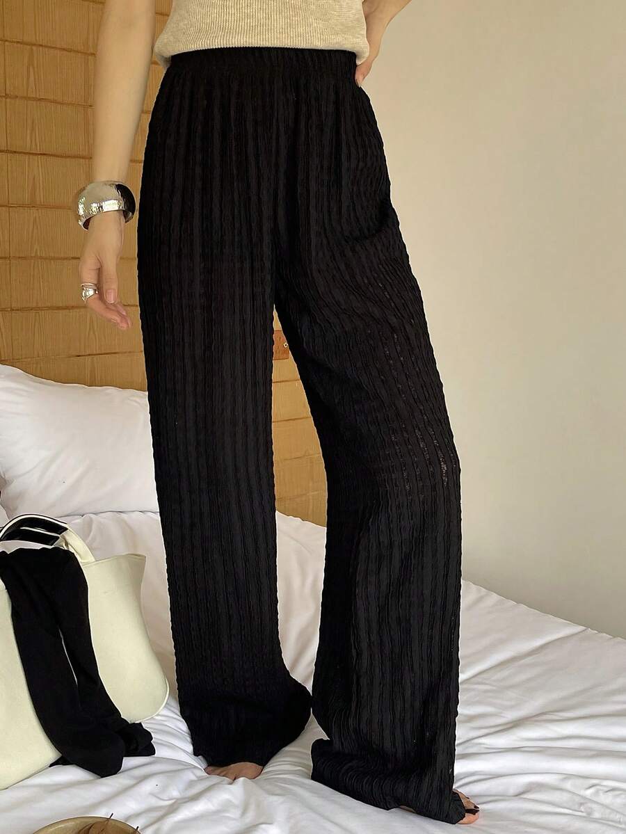 DAZY 女式松紧腰纹理面料宽松直筒休闲裤 - 黑色 - 查看 1