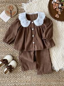 SHEIN 2pcs/Set Baby Girl Infant Toddler Newborn 0-3 Years Old Casual Daily Countryside Style Knitted Ruffled Collar Corduroy Khaki Outfit Set, Autumn/Winter 2pcs Set Toddler Girls Cute Vintage Style Brown Toddler Outfit Girl Two Piece Toddler Girls Dress Shirt And Pants Mocha Baby Clothes Baby Girls Summer Set Brown - Brown - View 3
