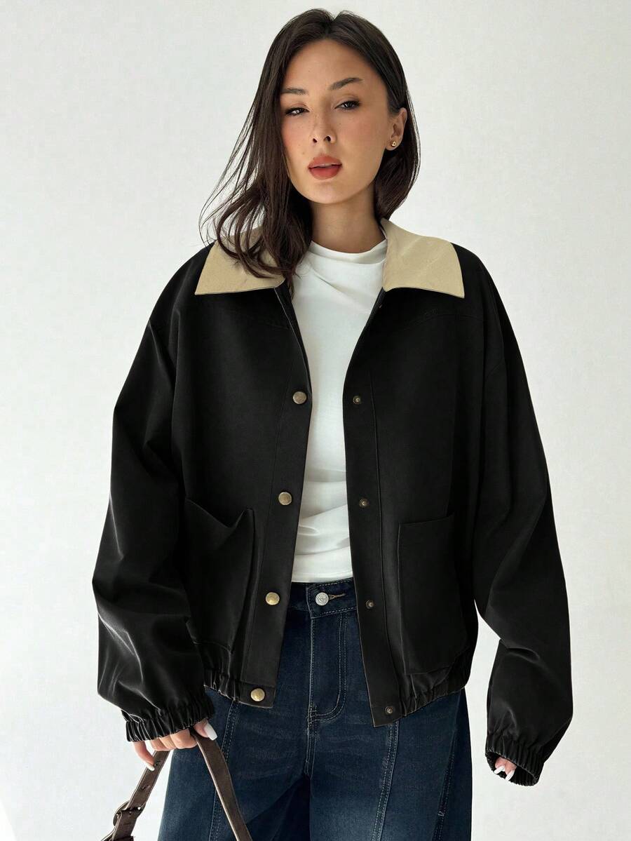 Aloruh 女士休闲日常撞色翻领纽扣前开衫，秋季