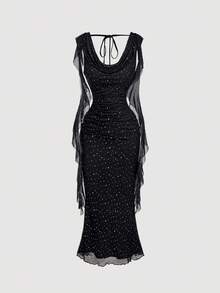 SHEIN MOD Váy midi xếp ly eo buộc nơ cổ bèo nhún màu đen dành cho nữ, có váy viền bèo nhún, trang phục đi biển cho nữ, trang phục dự tiệc sáng muộn cho nữ, váy dự tiệc cưới mùa thu, váy cổ điển, váy giáo viên, váy dự tiệc, váy ba lỗ cho nữ đi làm, váy dạ hội, màu đỏ dễ thương - màu đen - Xem 3