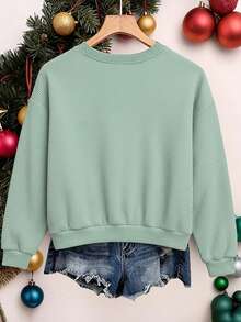 SHEIN LUNE Christmas Pattern Print Fashionable Minimalist Women Crew Neck Fleece Long Sleeve Sweatshirt, Gift For Friends, Autumn/Winter - Mint Green - View 2