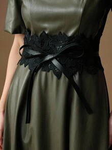 Anewsta Váy chữ A thu/đông cho nữ có cạp chun có thể tháo rời và điều chỉnh được, váy dài cổ tròn bằng da PU, váy dự tiệc thanh lịch, giáng sinh, năm mới, trang trọng, sang trọng - xanh quân đội - Xem 3