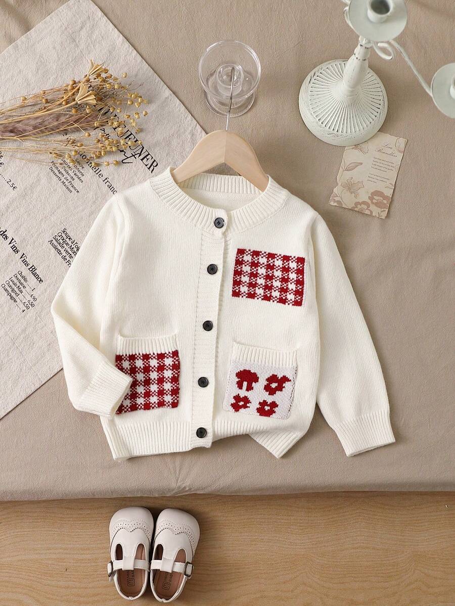 Sweater dan Kardigan Anak Perempuan Musim Gugur/Dingin, Kerah Bulat, Kancing Depan, Jaket Terbuka dengan Saku Jacquard, Cocok untuk Anak Perempuan Kenakan Saat Beraktivitas di Luar Rumah, Bepergian, Berkumpul, dan Nyaman Dipakai - Aprikot - View 1