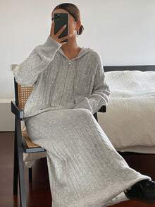 Livesso 女式秋季粗针织连帽上衣和休闲长裙两件套 - 灰色 - 查看 1