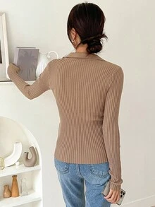 DAZY 女式纯色长袖休闲商务套头衫，秋冬 - 杏色 - 查看 4