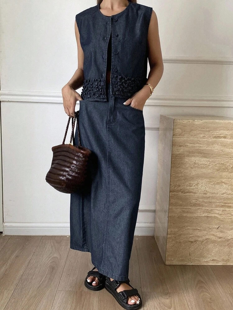 Women's Round Neck Frill Trim Sleeveless Cardigan And Straight Long Skirt Elegant Casual Denim Suit