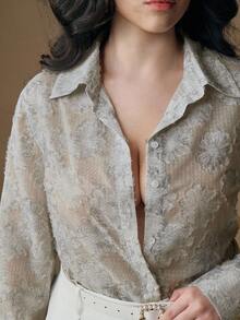 Anewsta Plus Size Women Floral Jacquard Long Sleeve Single-Breasted Elegant Blouse - Dusty Blue - View 1