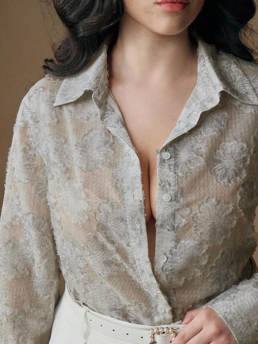 Anewsta Plus Size Women Floral Jacquard Long Sleeve Single-Breasted Elegant Blouse - Dusty Blue - View 1