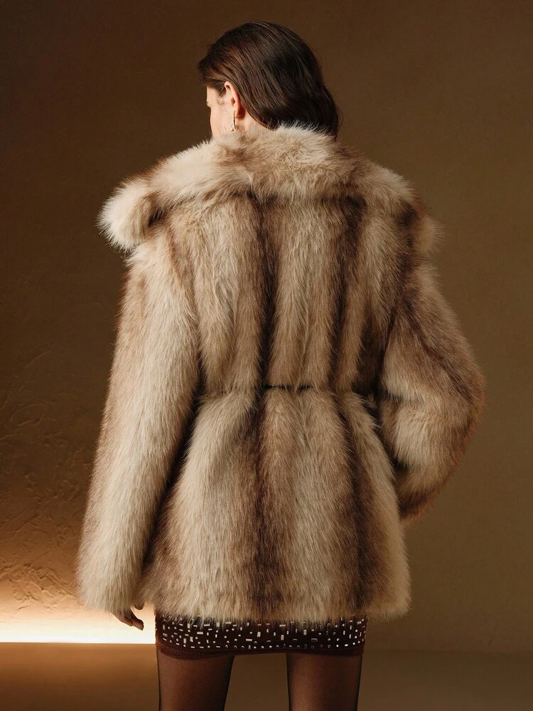 Abrigo de mujer de otoño/invierno con rayas, contraste de color, elegante, de piel sintética con cinturón, adecuado para salir, elegante, chic, formal, graduación
