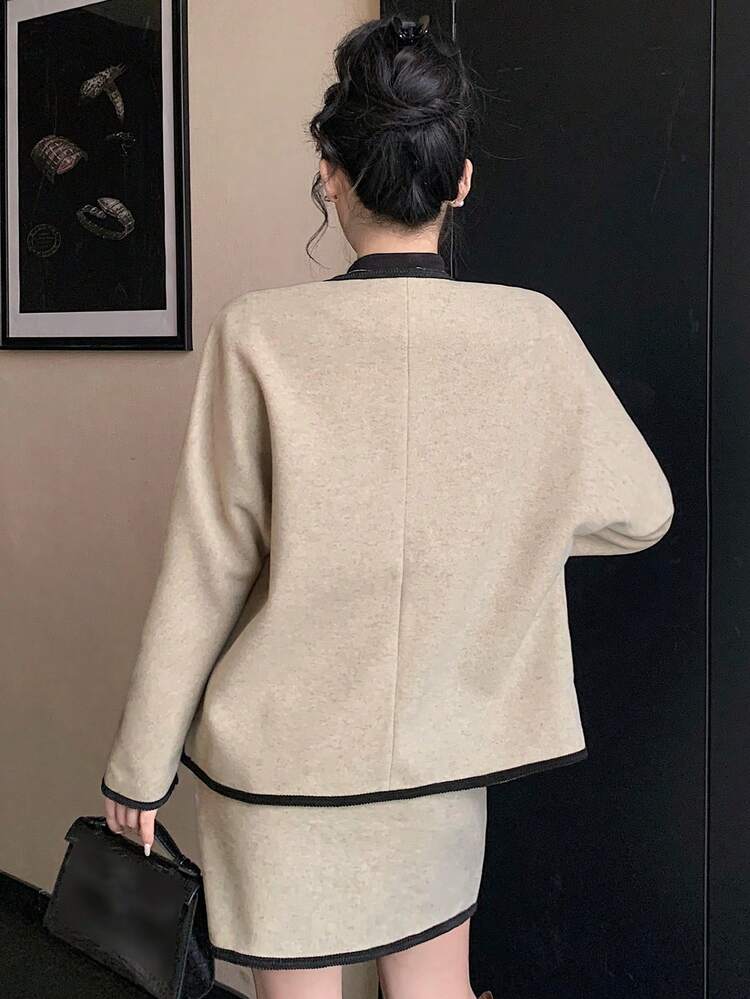 2pcs Women's Elegant Contrast Trim Suit, V-Neck Long Sleeve Loose Jacket And Asymmetric Skirt, Autumn/Winter