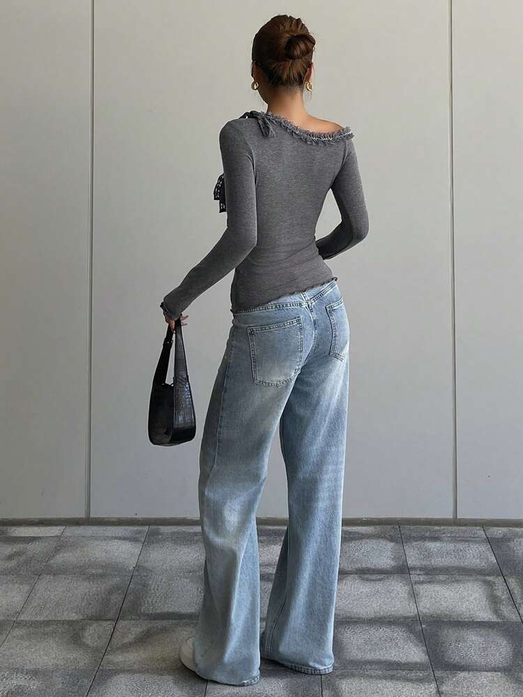 Women's Autumn Lace Patchwork Tie Shoulder T-Shirt Long Sleeve Top