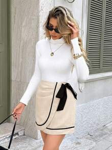 Serisse Women's Elegant Beige Autumn French Contrast Color Tie Wrap A-Line Skirt,Minimalist Fall Brunch Office Mini Skort,Casual Chic Holiday Party Skirt - Multicolor - View 1