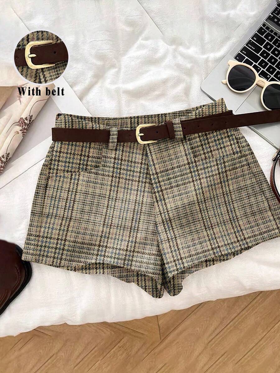 Franclia Retro Fashionable Versatile Plaid Blazer With Belt Shorts, Casual Shorts For Autumn/Winter - Apricot - View 1