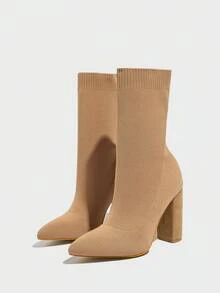 Daringsoles 女式尖头粗高跟弹力踝靴，卡其色 - 卡其色 - 查看 5