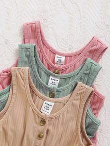 Baby Girl Casual Knitted Solid Color Tank Top Shorts 3-Piece Set - Multicolor - View 3