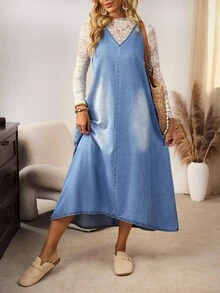 EMERY ROSE Women's Casual Washed Sleeveless Denim Dress - Blue - View 5