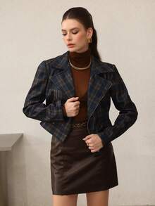 Modelyn Vintage Plaid Collar Zip Up Short  For Women - Multicolor - View 6