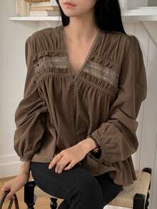 DAZY 纯色宽松蕾丝边长袖优雅女士度假衬衫，秋冬 - 棕色 - 查看 5