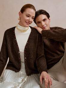 SHEIN LUNE Women's Beaded V-Neck Loose Fit Long Sleeve Cardigan Sweater - Coffee Brown - View 7