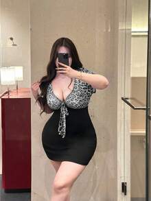 Flirla Plus Size Women Leopard Print Front Knot Short Sleeve Bodycon Mini Dress - Black and White - View 3