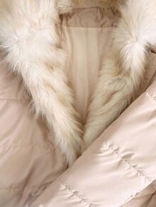 Xyvia Standard Size Hooded Fur Collar Patchwork Zipper Hem Drawstring Regular Length Padded Coat, Autumn/Winter - Apricot - View 7