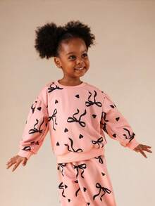 SUMWON Girls Pink Bow Print Sweatshirt And Joggers Coordinated Set Long Sleeve Crew Neck Casual Lounge Outfit - Pink - View 3