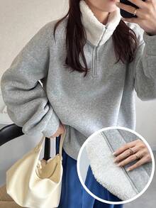 FRIFUL Sweat-shirt-shirt décontracté à manches longues, col zippé, doublé thermique, coupe ample et épaules tombantes pour femmes. Polyvalent pour l'automne. - Gris - Voir 8