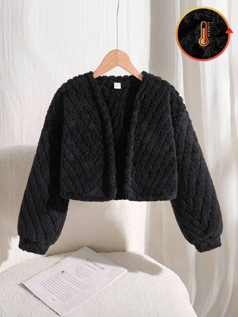 Sparklyn Áo khoác lông thú giả cổ lông thú giả vải jacquard họa tiết cho bé gái, Áo khoác nhỏ thời trang cao cấp thanh lịch đa năng, họa tiết hoa trắng, mùa thu/đông - màu đen - Xem 1