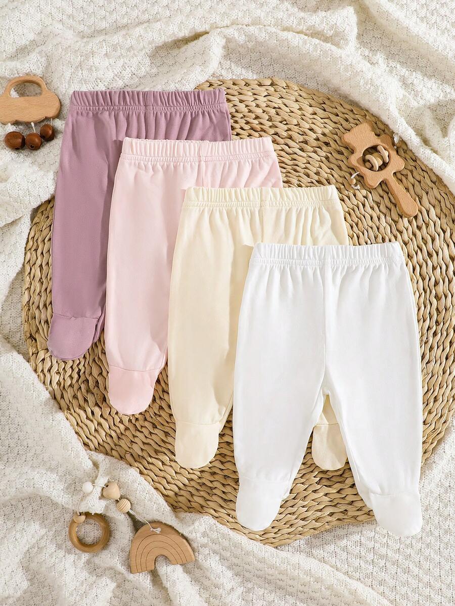 SHEIN 4 peças/pacote de leggings para bebês recém-nascidos, cor sólida, branca, rosa, preta e cinza - tecido de malha canelada macio e elástico, ajuste confortável, adequado para todas as estações, fofo e simples, fácil de usar, alto desempenho de custo, adequado para casa, passeios, férias, uso diário, 0-3 meses, primavera/verão, lançamento, conjunto de roupas para bebês meninas - Multicolorido - Ver 1