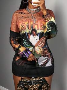 Slaydiva Nuove maglie casual da donna per autunno e inverno, adatte per il ritorno a scuola, costumi di Ognissanti, abbigliamento casual da ufficio, uso quotidiano, t-shirt oversize e morbide con slogan, loghi e stampe di ritratti punk, t-shirt casual di moda da strada per donne stile anni 2000, colore nero - Multicolore - Visualizzare 6