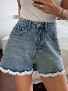 DAZY Women's Contrast Color Lace Patchwork Denim Shorts, Casual Summer Shorts Y2k Jorts - Medium Wash - View 1