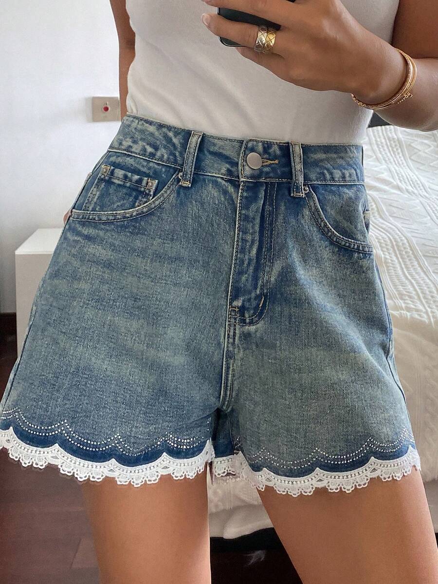 DAZY Women's Contrast Color Lace Patchwork Denim Shorts, Casual Summer Shorts Y2k Jorts - Medium Wash - View 1