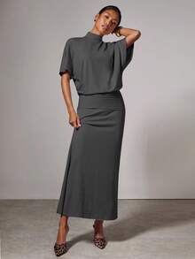COSMINA Women's Solid Color Stand Collar Batwing Short Sleeve Fitted Elegant Dress - Dark Grey - View 3