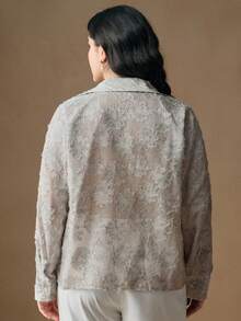 Anewsta Plus Size Women Floral Jacquard Long Sleeve Single-Breasted Elegant Blouse - Dusty Blue - View 2