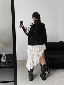 POPSWAY Sudadera de manga larga con diseño de encaje a rayas y empalme de talla grande para otoño, invierno, primavera/otoño, otoño/invierno, Nuevo otoño - Negro - Ver 3