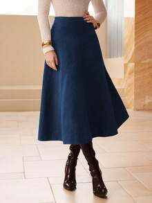 Modelyn Solid Color Faux Suede Flared Elegant Long Skirt For Women - Royal Blue - View 4