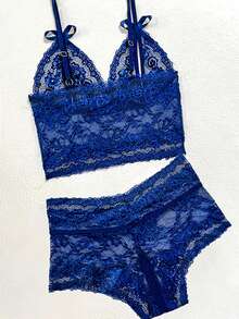 Floral Lace Cut-out Lingerie Set - Royal Blue - View 2