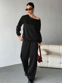 SHEIN Tall 2 件套女士宽松露肩运动衫和阔腿运动裤套装，厚保暖衬里，适合秋冬季 - 黑色 - 查看 4