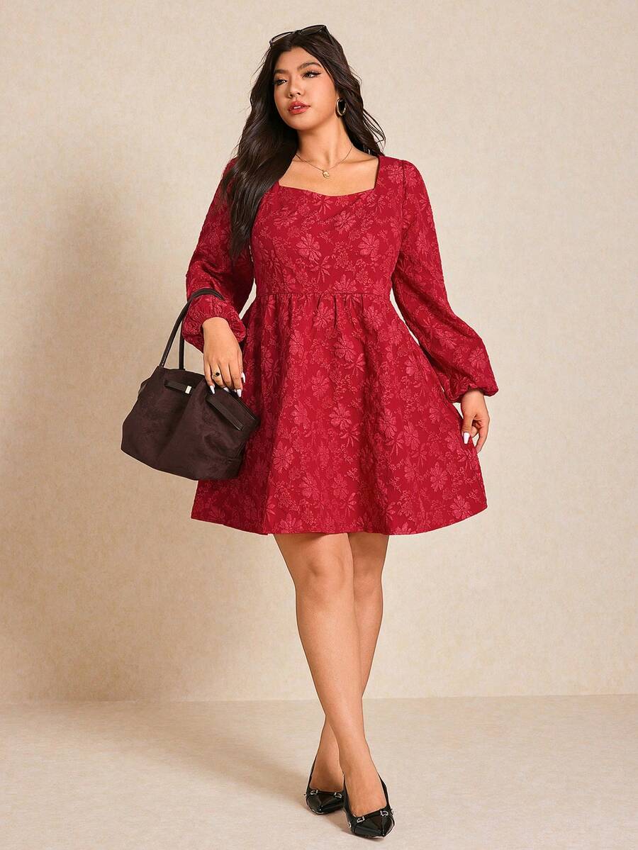 Elaquor 大码优雅简约现代都市方领提花面料 A 字短款红色连衣裙，适合女士参加节日派对 - 酒紅色 - 查看 1