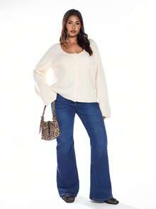 Solavibe Plus Size Casual Autumn White Knitted Cardigan,Solid Color Button Up Long Sleeve Smart Casual Everyday Versatile Top For Commuting,New Year,Christmas - Beige - View 3
