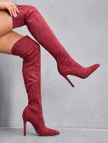 CUCCOO SZL Side Zipper Design Fashion Pointed Toe Slim High Heel Over-The-Knee Boots For Women - Burgundy - View 5