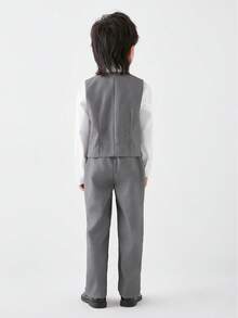 SHEIN 3pcs Boys Suit Set: Vest + Pants + Matching Grey Tie, Suitable For Stage Performance, Wedding - Grey - View 2